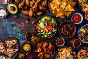 Wall Mural - An array of Super Bowl snacks including wings, nachos, and drinks on a table.Super Bowl Day.Super Bowl Sunday.Super Bowl Party