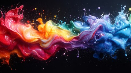 Wall Mural - A dynamic and vibrant abstract explosion of colored paint spilled on a black background. The pigments form an intricate, flowing pattern of bold, vivid colors, including red, blue, green, yellow, and 