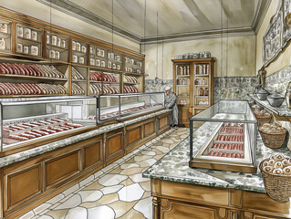 Wall Mural - A man is standing in front of a meat display case in a butcher shop. The shop is filled with various types of meat, including beef, pork, and chicken. The atmosphere is warm and inviting