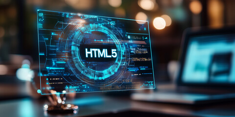 A transparent screen displays intricate HTML5 coding graphics, highlighting advanced web development technologies in a modern workspace.