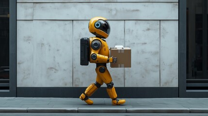 Humanoid android machine interactive robot delivering a parcel box in a busy city. Generative AI