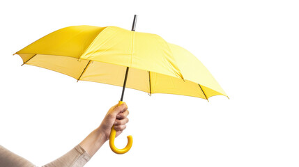 Wall Mural - Hand holding yellow umbrella on transparent background