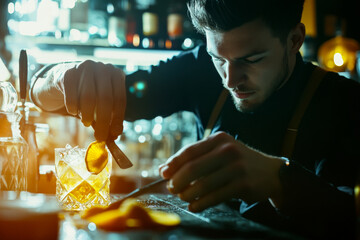 a man is making a drink at a bar