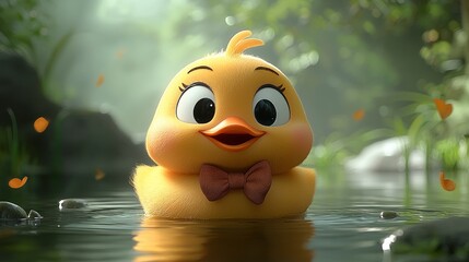 Poster - Adorable Yellow Duckling in a Pond with a Pink Bow