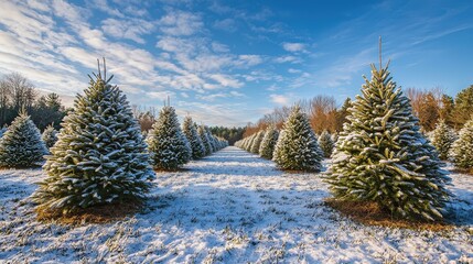 Wall Mural - A serene tree farm showcases rows of lush evergreens blanketed in fresh snow under a bright winter sky