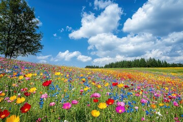 Poster - A colorful array of wildflowers stretches across a sunny landscape, framed by lush green trees beneath a bright blue sky filled with fluffy clouds