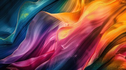 Poster - Vibrant silk fabric in hues of blue, orange, pink, and purple flows elegantly, creating a captivating visual display of color and texture