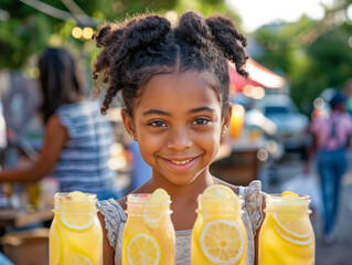 Canvas Print - A young girl is holding up a tray of drinks with lemons on them. She is smiling and she is happy