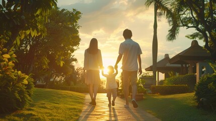 Family Silhouettes Walking Hand-in-Hand Towards a Golden Sunset