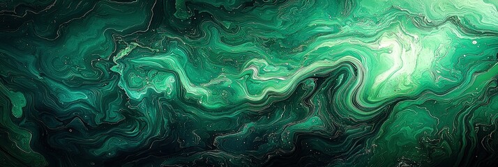Poster - A vibrant blend of green and black swirls creates a mesmerizing abstract pattern, resembling a cosmic or fluid movement