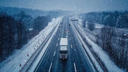 Poster - Trucks drive along a snowy highway as large snowflakes fall, creating a winter landscape in the early evening light