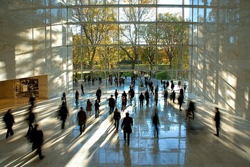 Aufkleber - People move through a spacious lobby with large windows, as sunlight streams in and autumn foliage is visible outside