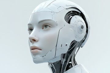 Wall Mural - Minimalist female robot head with serene expression epitomizing sleek design and advanced robotics