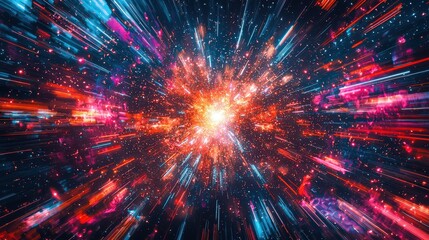 Poster - Colorful beams radiate outward from a bright center, illustrating a dynamic cosmic explosion set against a dark background