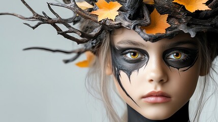 Mystical portrait of a girl adorned with autumn leaves and artistic face paint, embodying nature's beauty and enchantment.