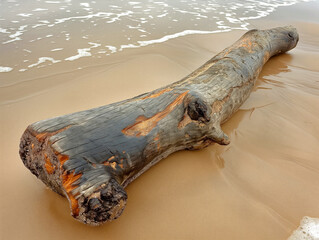 Wall Mural - A large log is laying on the beach. The log is brown and has a rough texture. The beach is calm and peaceful, with the waves gently lapping at the shore