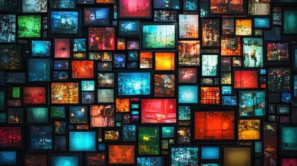 Poster - A multitude of television screens displays vivid scenes and colors, creating an eye-catching urban collage at night