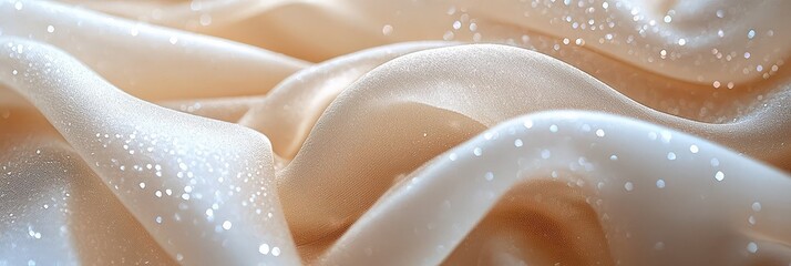 Aufkleber - A luxurious cream fabric shimmers softly, highlighting gentle folds and sparkling accents in a dimly lit indoor space
