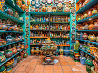 Wall Mural - A store with many different colored vases and bowls