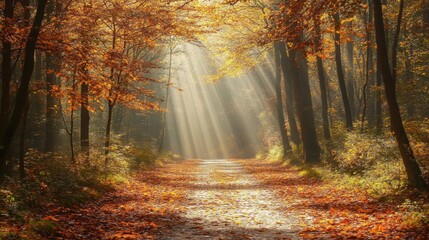 Wall Mural - An enchanting woodland path covered in autumn leaves with rays of sunlight filtering through