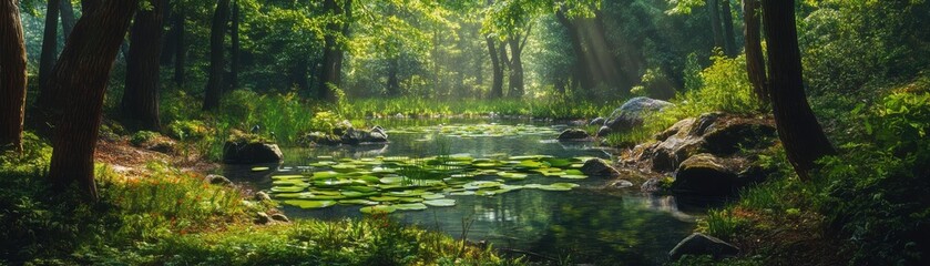 Wall Mural - A tranquil forest glade with a small pond and lily pads