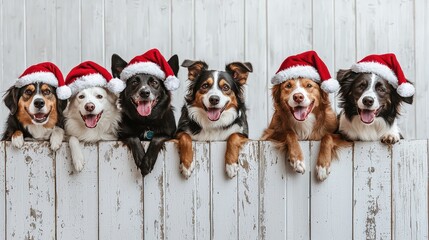 Wall Mural - cheerful dogs in Santa hats pose together happily on a white wooden fence, celebrating the festive spirit of the holidays, copy space