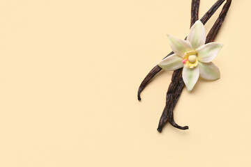 Canvas Print - Beautiful vanilla flower and sticks on beige background