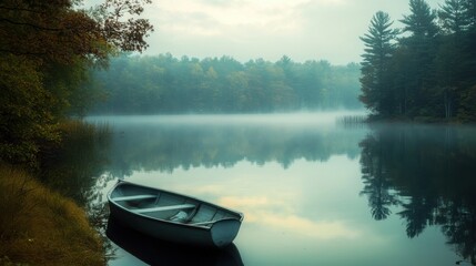 Wall Mural - A serene lakeside scene with a rowboat and a misty morning