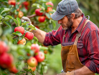 A man is picking apples from a tree. He is wearing a hat and apron. The apples are ripe and ready to be picked