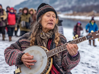 A woman is playing a banjo in the snow. She is wearing a hat and a scarf