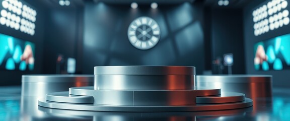 Poster - Abstract Product Display with Metal Podium and Clock in the Background.