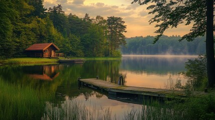 A tranquil lakeside scene with a small cabin and a dock