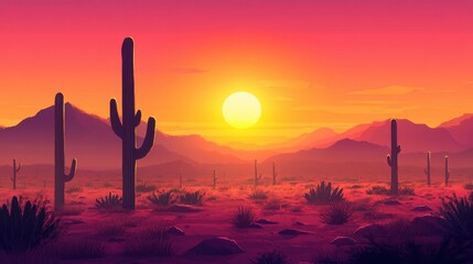 a quiet desert landscape with tall cacti and a setting sun