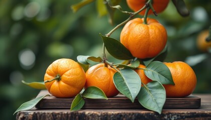 Wall Mural - Ripe Mandarin Oranges on Wooden Board.