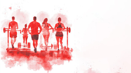 Wall Mural - Red watercolor painting of A group of sports person exercise at gym