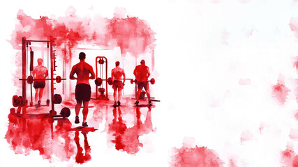 Wall Mural - Red watercolor painting of A group of sports person exercise at gym