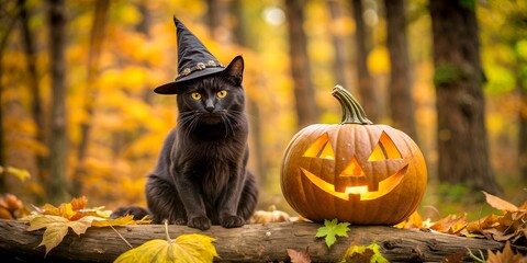 Funny black cat in witch hat next to glowing carved pumpkin lantern against autumn forest background symbolizing halloween atmosphere, pet costume