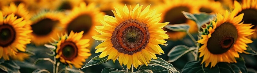 Wall Mural - A vibrant sunflower field in full bloom stretching as far as the eye can see