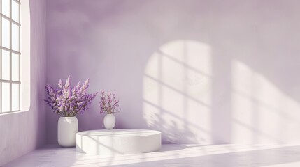 Canvas Print - White and purple backdrop with window shadows for product showcase and text overlay.