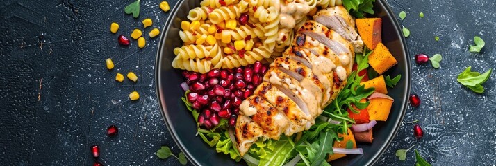 Sticker - Top view of dish featuring roasted chicken breast pasta salad lettuce sweet potato corn pomegranate tomato and cheddar with a side of mustard yogurt sauce