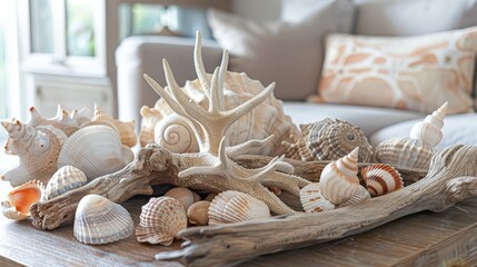 Wall Mural - Displaying a collection of seashells and driftwood on a beach-themed coffee table.