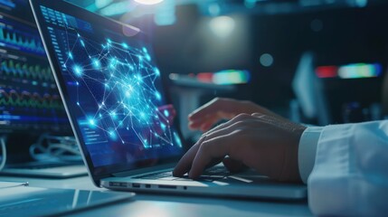 Wall Mural - Person working on a laptop with a data visualization on the screen