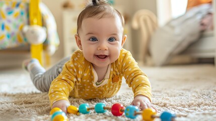 Sticker - Capture the joy of a baby playing with a pull-along toy, their hands gripping the string and their eyes wide with delight as they watch it move.