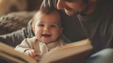 Poster - Capture the moment of a baby sitting on a parent's lap, reading a picture book together.