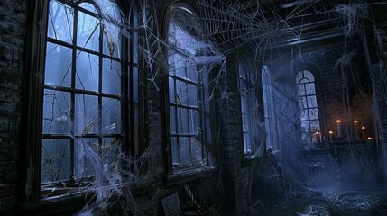 Sticker - Design a haunted mansion background with cobwebs, broken windows, and flickering candlelight, setting a spooky atmosphere.