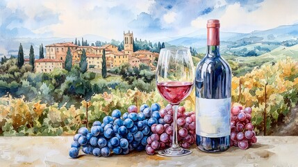 Wall Mural - Abstract illustration Wine bottle and glass with grapes in scenic Tuscan vineyard landscape