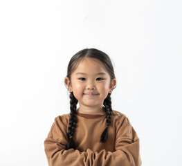 Wall Mural - A smiling young girl with long braids and a yellow sweater stands against a plain background. Her bright eyes and happy expression convey a sense of joy and charm.