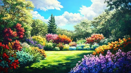 A vibrant garden scene with colorful flowers, lush greenery, and vibrant trees under a sunny sky