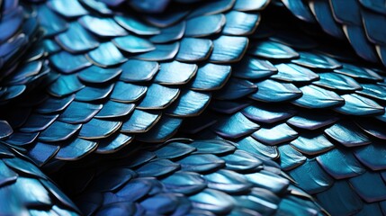 Wall Mural - Close-up of overlapping blue fish scales with a metallic sheen and intricate patterns 