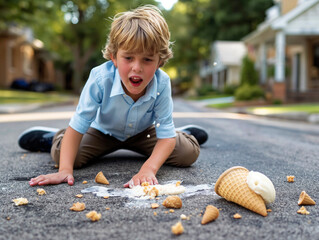 Sticker - A young boy is sitting on the ground, surrounded by broken ice cream cones. He is looking up at the camera with a look of surprise and disappointment. Concept of loss and disappointment